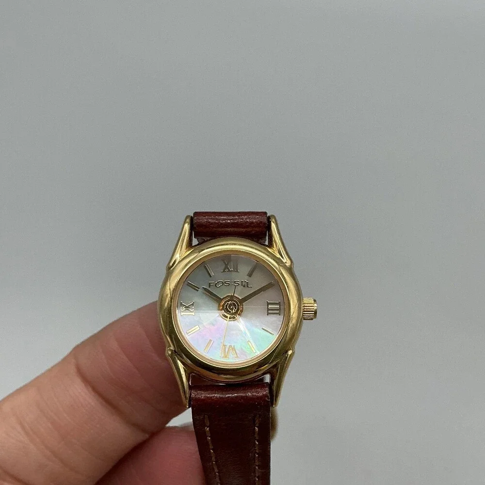 Fossil Womens Watch 19mm Rivoli MOP Brown Leather Gold Tone PC-9536 Quartz 30M